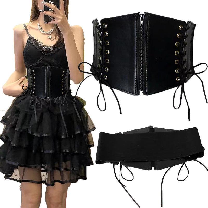 Elegant Vintage Black Lace Waist Belt Wide Fashion Accessory For Women Dresses