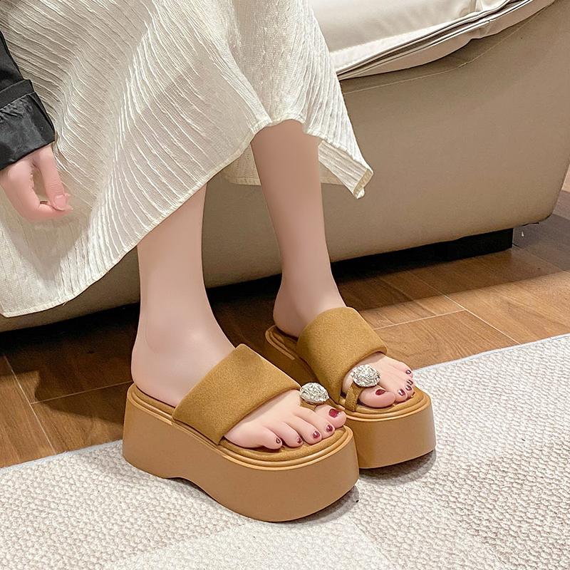 Fashion Women High Platform Slippers New 2025 Summer Beach Flip-Flops Ladies 8CM Wedge Heels Flock Shoes Woman Outside Chunky Sandals