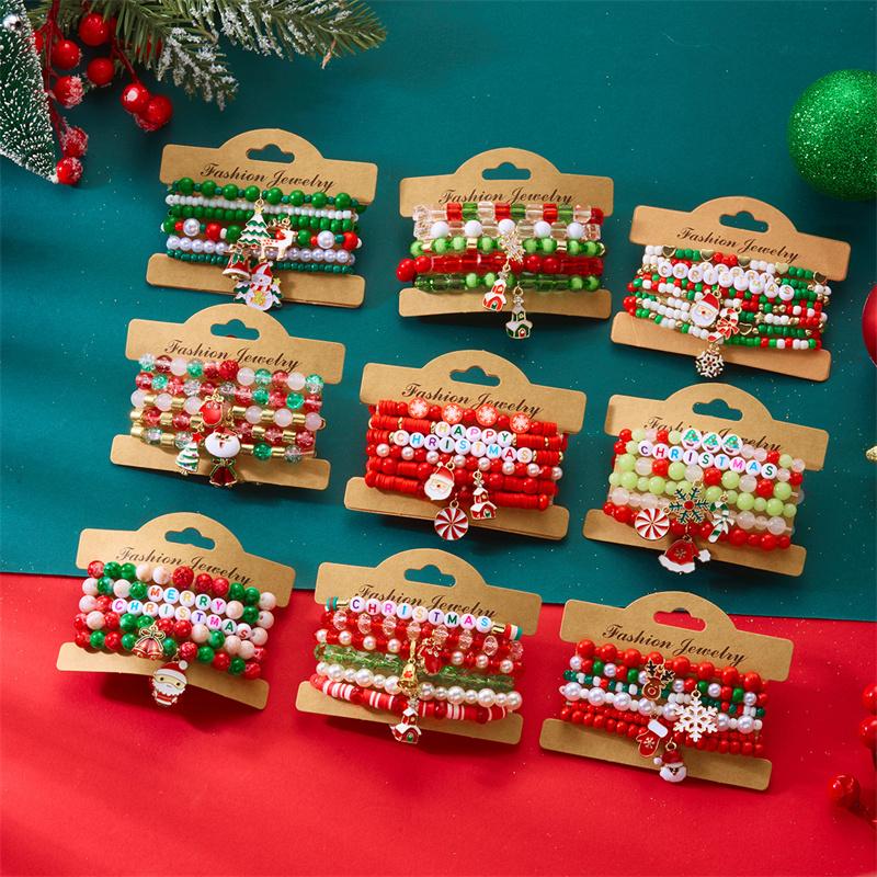 Christmas Multi-Layer Colorful Beaded Bracelet For Women Santa Claus Snowman Reindeer Snowflake Polymer Clay Bangle Jewelry