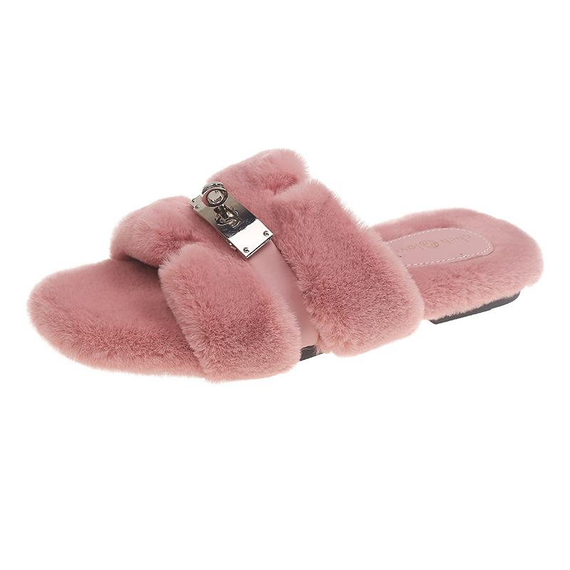 

Korean version of fluffy slippers women s 2025 autumn new plush flat bottom outer wear Internet celebrity flat bottom gentle one-word cotton slippers 40