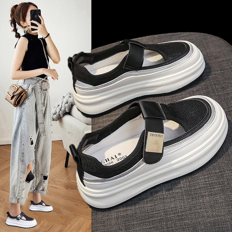 Fashion Women's Sandals Summer New Thick Bottom Anti-slip Net Cloth Covered Head Muller Shoes Casual Round Head Fashion Height Sandals