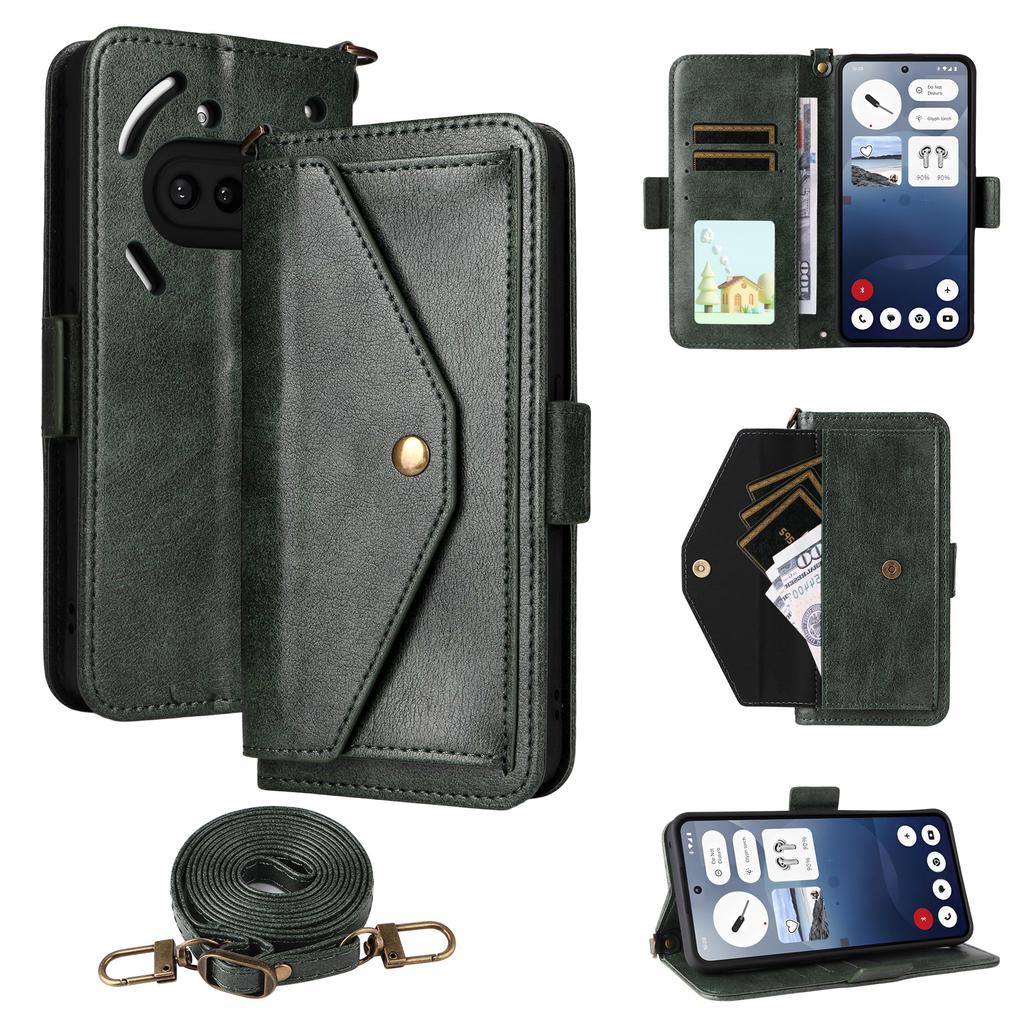 For Nothing Phone (3a) Leather Case Magnetic Closure Wallet Stand Phone Cover with Crossbody Strap