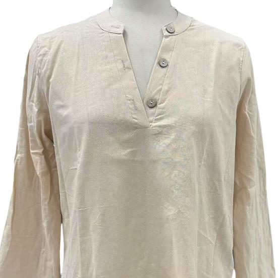 Women Shirt V-Neck Long Sleeve Loose Fit Solid Color Blouse Buttons Half