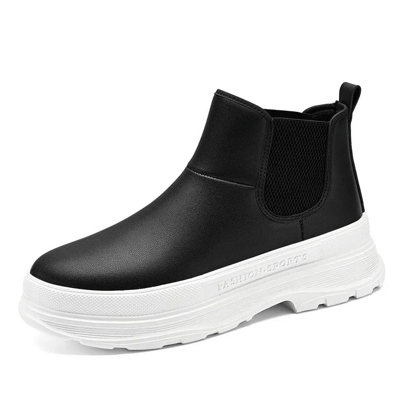 

Мужские байкерские ботинки, осенне-зимние кожаные ботинки, мужская уличная повседневная обувь, высокие кеды, износостойкая индивидуальная новая мужская обувь без шнуровки 45 черный белый