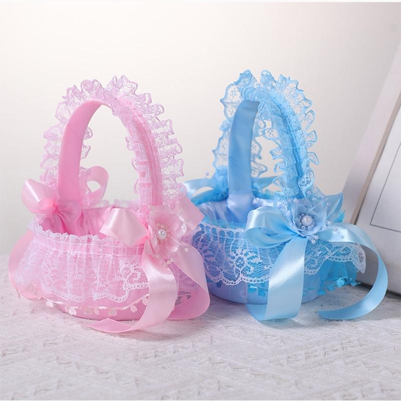 Wedding Flower Girl Basket with Lace Trim Handle Bowknot Flower Baskets for Wedding Ceremony Party Floral Arrangement