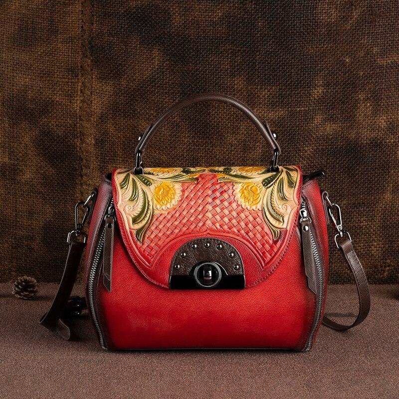 Johnature Retro preget førstelags kuskinn Dameveske Håndlaget Floral Hasp Handbag Fritid Skulder Messenger Bags