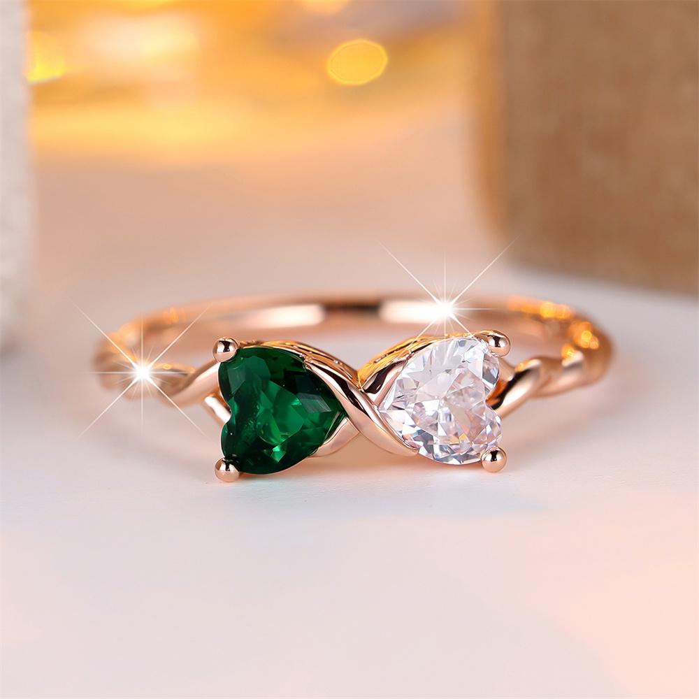 Double Heart Stone Green Crystal White Zircon Bowknot Rings For Women Rose Gold Silver Color Wedding Jewelry Valentines Day Gift