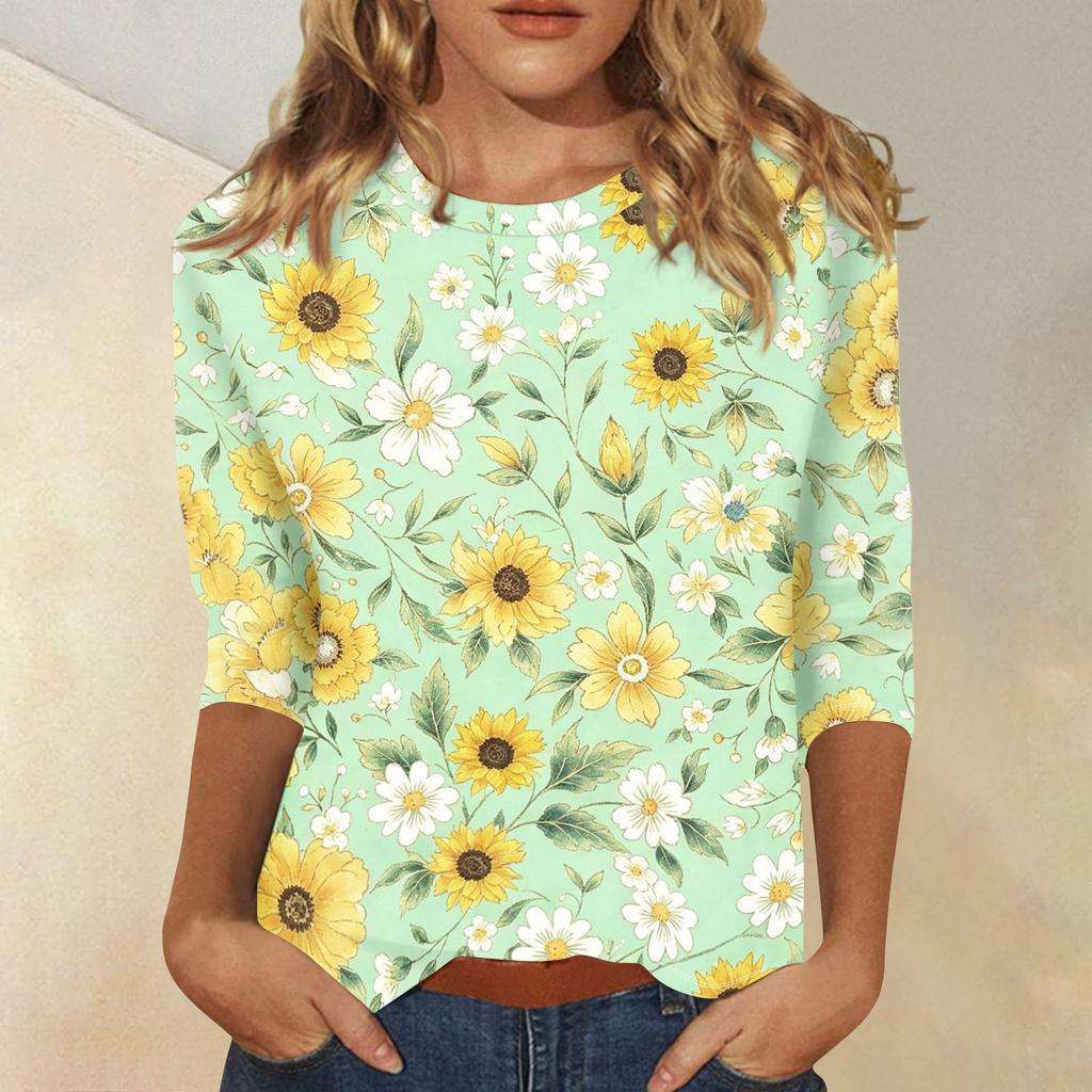 Women Casual Floral Print Three Quarter Sleeve Round Neck Blouse Lightweight Soft Fabric Comfortable Fit Top for Everyday Wear