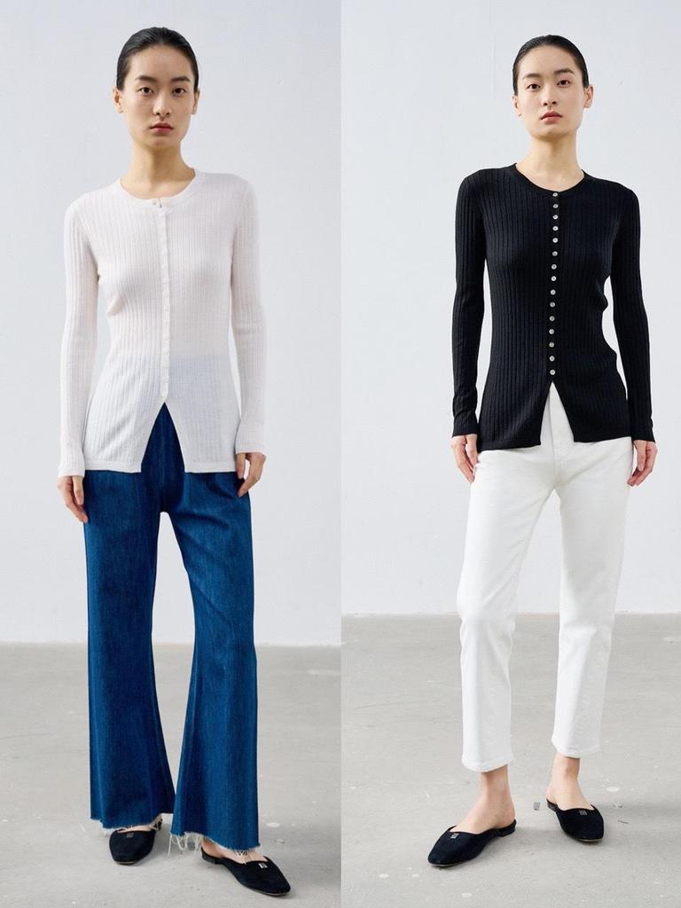 Nordic Minimalist German Yarn Super120's Ribbed Crew Neck Wool Cardigan