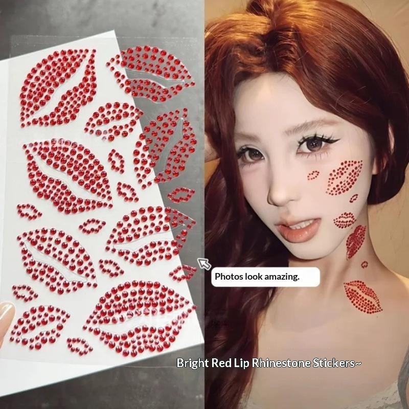 1 Sheet Sexy Realistic Lip Body Jewelry Sticker Kiss Red Lips Face Rhinestones Valentine'S Day Gem Temporary Tattoo Stickers