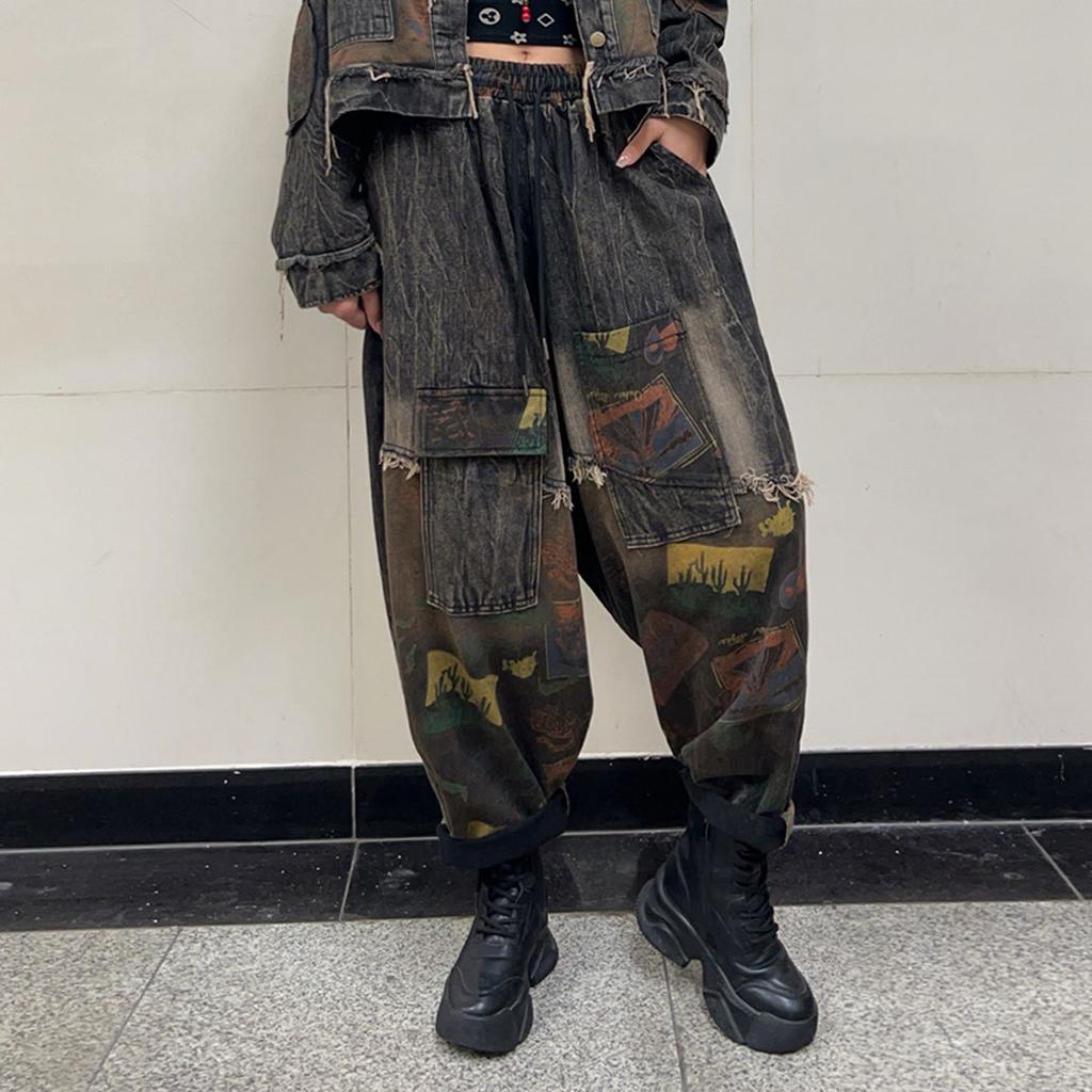 Personalized Trendy and Cool Printing Splicing Denim Fashion Suit Women's Autumn Old Loose Long-sleeved Jacket Harlan Pants Two-piece Set