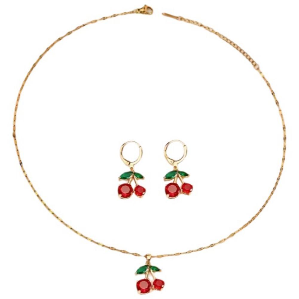 

Rhinestone Zircon Ear Buckle Set Crystal Cherry Shape Cherry Pendant Necklace Temperament Ins Style Necklace Eearring Set