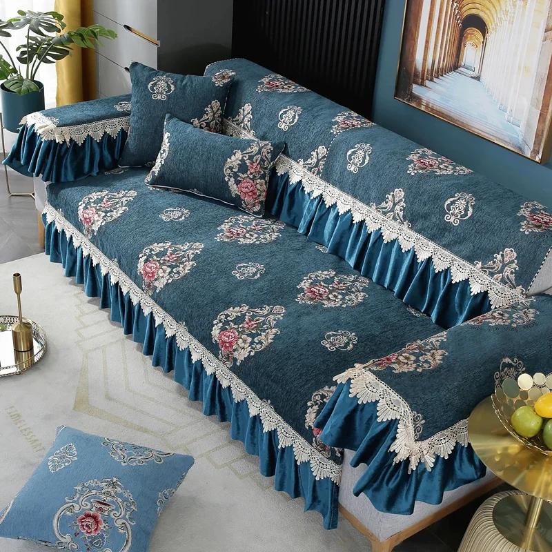 Vier Jahreszeiten Chenille Sessel Kissen Große Blume Rutschfeste Kissen Sofa Set Grüne Farbe Große Rock Saum 18cm Spitze Sofa Handtuch