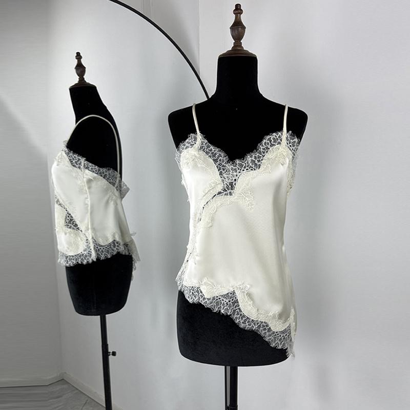 

Атласні Топи з Мереживною Вставкою Жіноча Майка 2025 Сексуальний V-подібний Виріз Без рукавів Асиметричний Приталений Кроп-Топ Майка з Оздобленням Y2K L