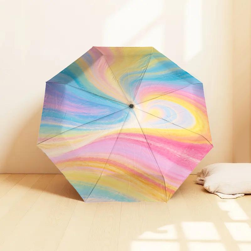 Rainbow Swirl Automatic Opening Folding Umbrella Portable 3 Fold Design with Iron Frame for Outdoor Use,Perfect Gift for Fans,Travelers,