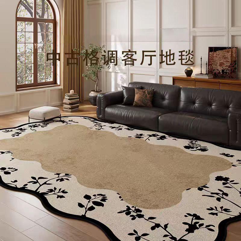 Wavy Unique Shaped Vintage Floral Rug Non Slip Machine Washable French Style Large Living Room Decor Rug Home Decor