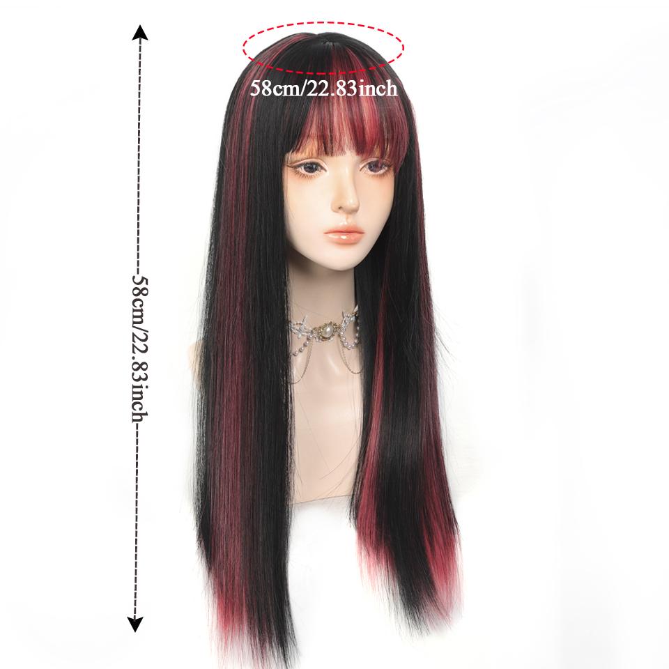 Synthetic Long Straight Harajuku Pink Brown Wig With Bangs Heat-Resistant Kawaii Lolita Wigs For Women Cosplay Hair Wig