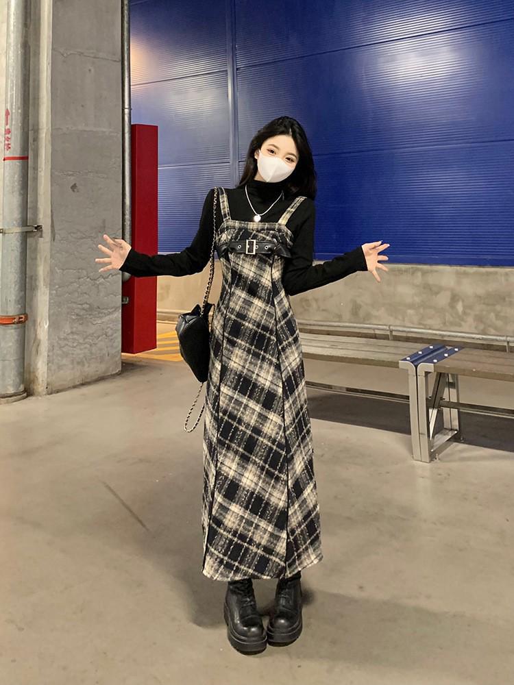 Women's French Plaid Spaghetti Strap Dress - Autumn/Winter 2026 Korean Style Outfit Set