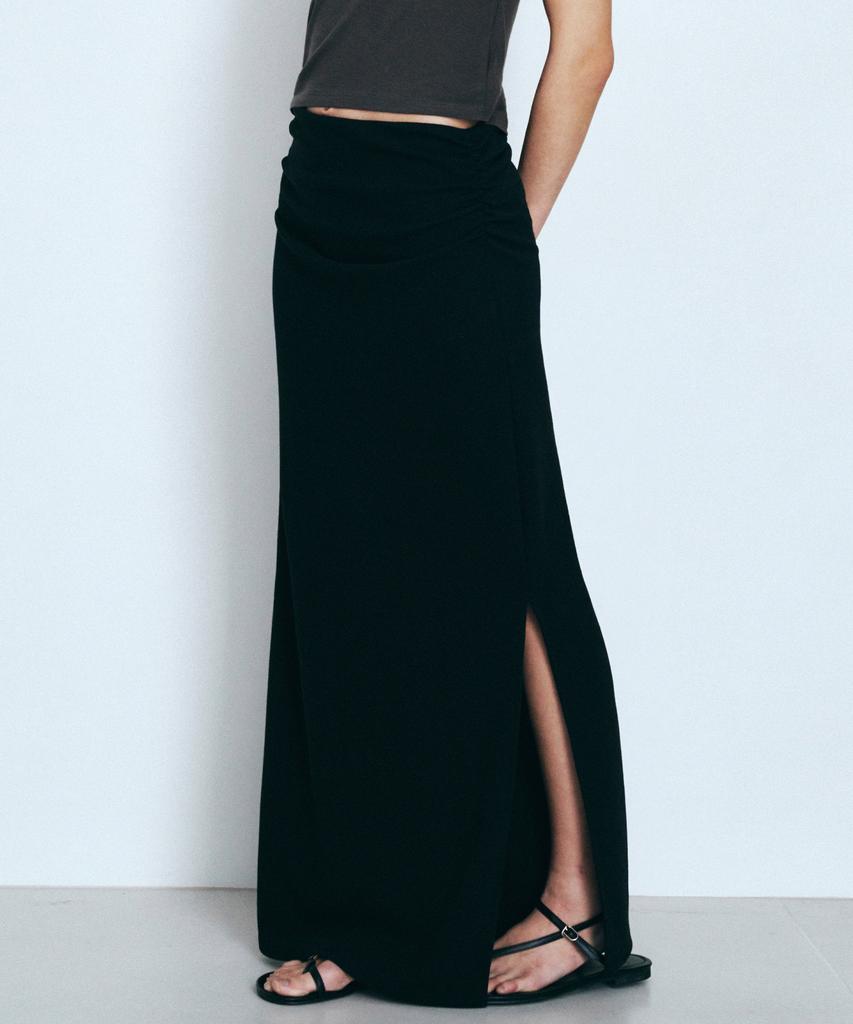 NEEV Double Shirring Slit Long Skirt (Black)