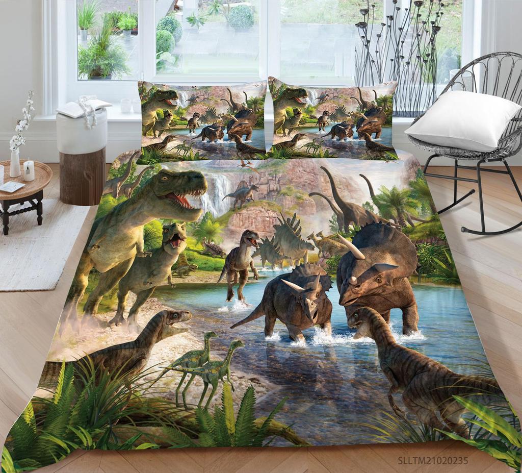 Fierce Beast Dinosaur Print Bedding Quilt Cover and Pillowcase Full-size Color Cartoon Dinosaur Pattern Comfortable and Luxurious Home Decoration