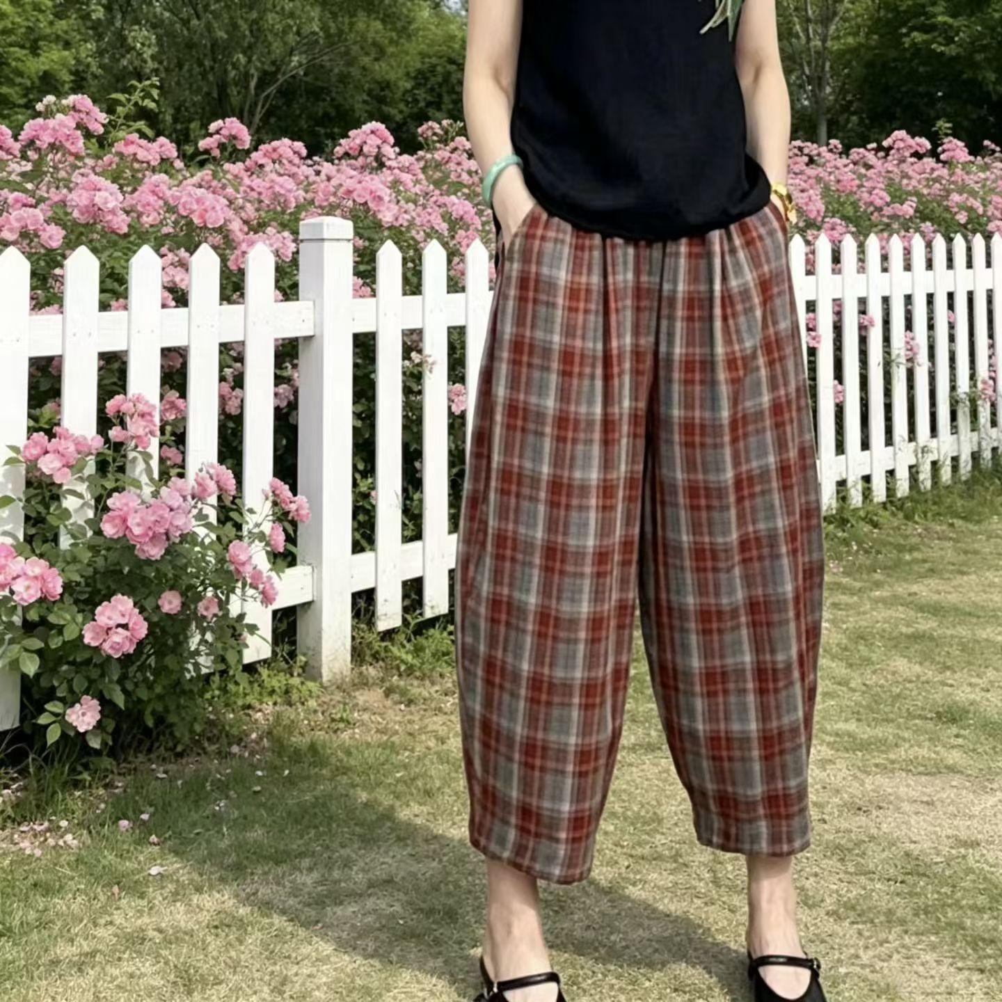 Women s High Waist Plaid Double Gauze Harem Pants Loose Fit Cropped Carrot Trousers 2XL