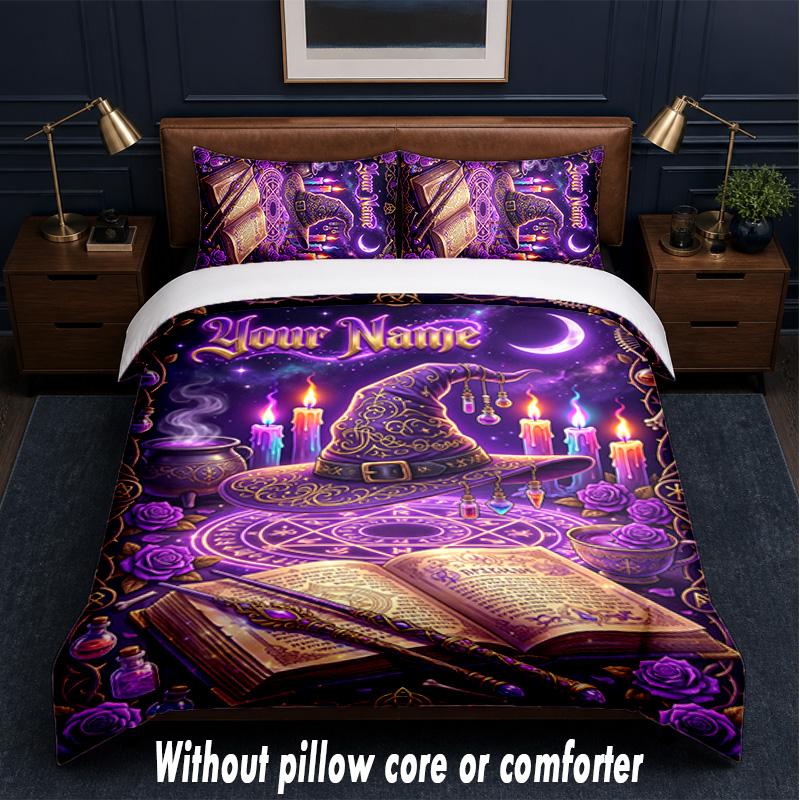 Witchcraft Theme Custom Text Or Name 3Pcs Bedding Set,1 Flat Sheet & 2 Pillowcases Personalized Home Bedding
