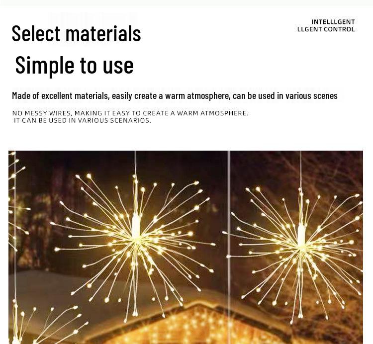 LED Solar Dandelion Firework String Lights - Indoor Outdoor Decorative Explosion Copper Wire Lights