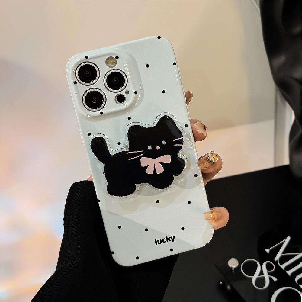 Korean Ins Wave Point Cat Stand for IPhone 16 Phone Case for Apple 15Pro Max Film 13 Soft 17