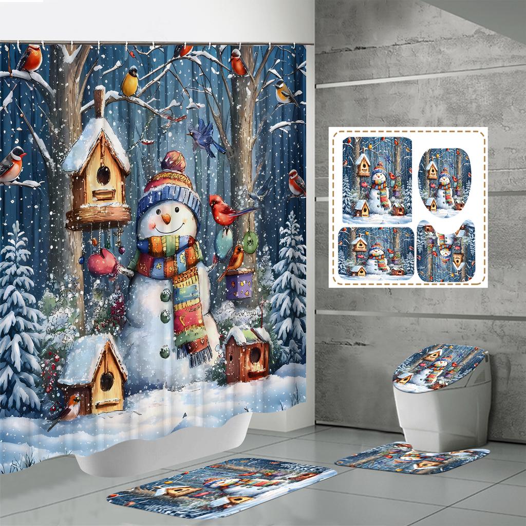 4PCS  Shower Curtain Sets With Shower Curtain And Rugs Toilet Lid Rug U Shape Mat And Bath Mat Bathroom Set  With 12 Hooks