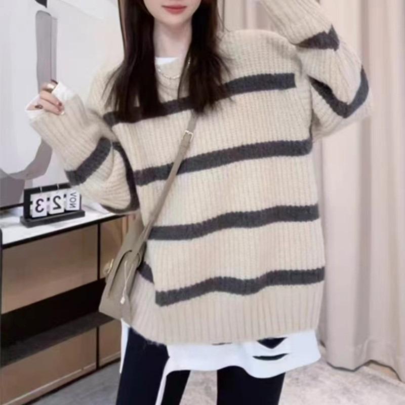 Lazy wind crew neck striped women's sweater autumn and winter new loose and thin casual pullover knitted sweater top