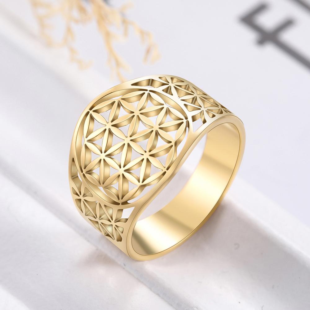 Elegant Flower of Life Rings Vintage Stainless Steel Gold Sacred Geometry Women Ring Anniversary Gift