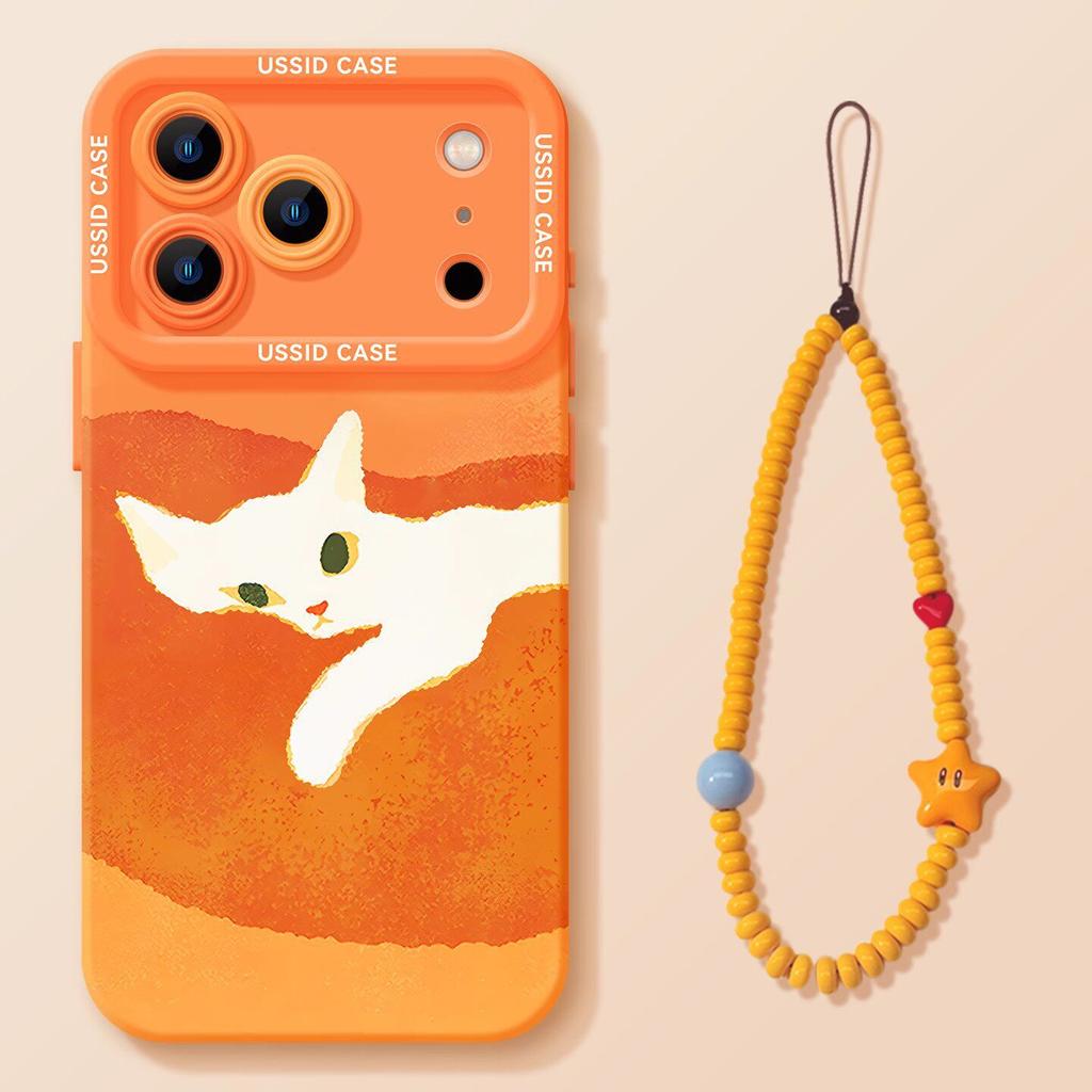Orange cat mobile phone case with lanyard, suitable for iphone17 Apple 16pro silicone 15/14 new 13 soft case