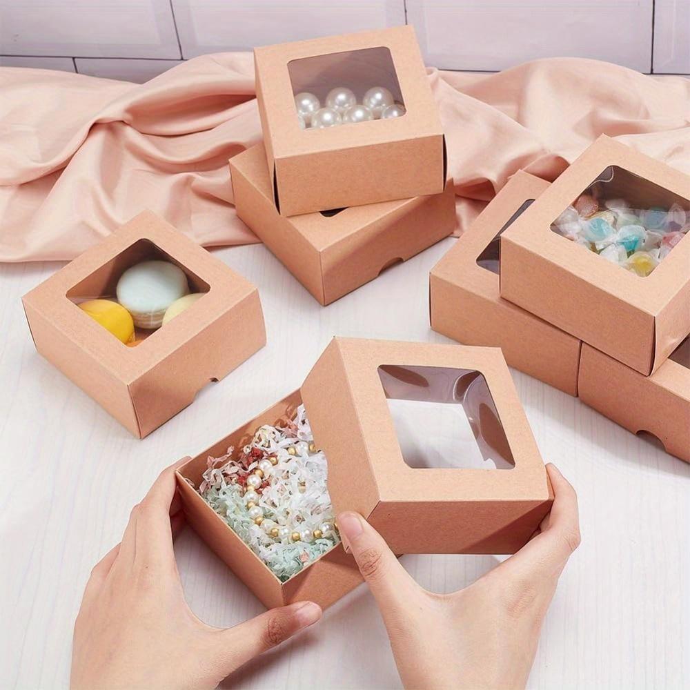 12pcs Folding Kraft Paper Cardboard Jewelry Gift Boxes with PVC Visible Window Square Khaki Color Storing Box