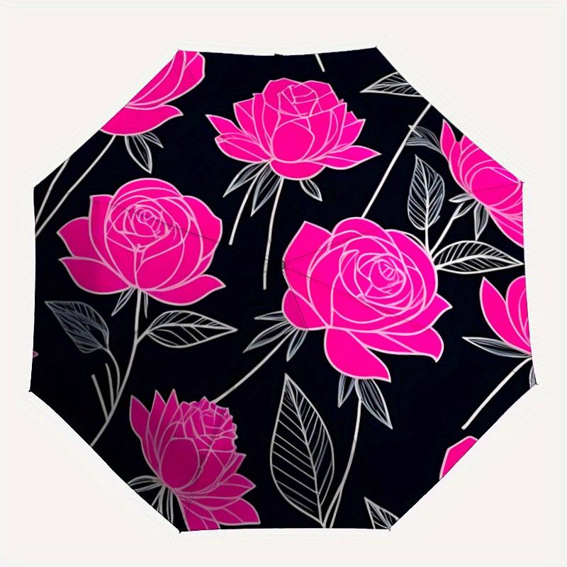 1pc Pink Rose Pattern Automatic Open/close Folding Umbrella, Compact Portable Travel Umbrella, Perfect Birthday/Christmas, Cute Umbrella, Du