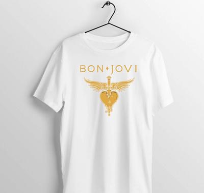 Bon Jovi Cuore T-Shirt Bianca I Cotone Manica Corta I Regalo Glam Hard Rock Tee
