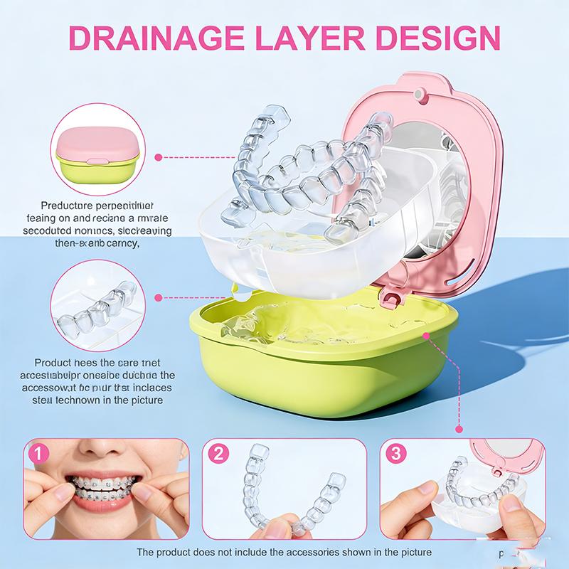 Retainer Case With Built-in Mirror Portable Denture Storage Box For Invisalign Aligners Braces Mouth Guard