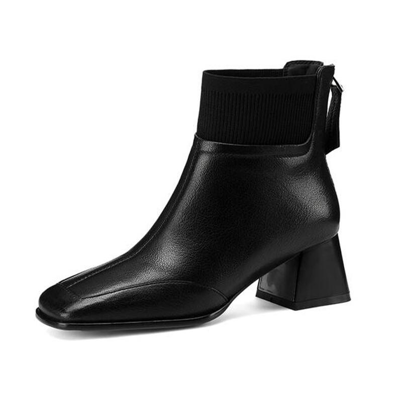 Leather Chunky Women Ankle Boots Square Toe Fashion Mid Heels Shoes 2025 Trend Elegant Pumps Winter Classic Goth Botas De Mujer