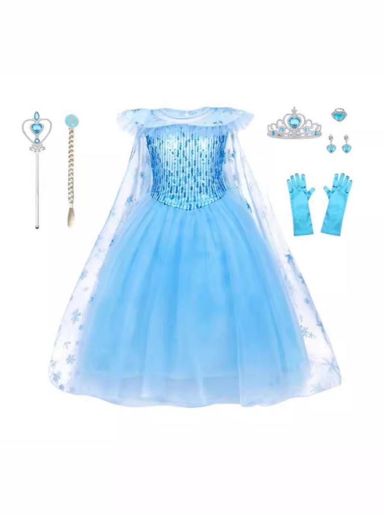 Elsa Princess Dress for Girls - Frozen-Inspired Summer Gown with Gauze Skirt & Cape, Festival Formal Dress with Accessories