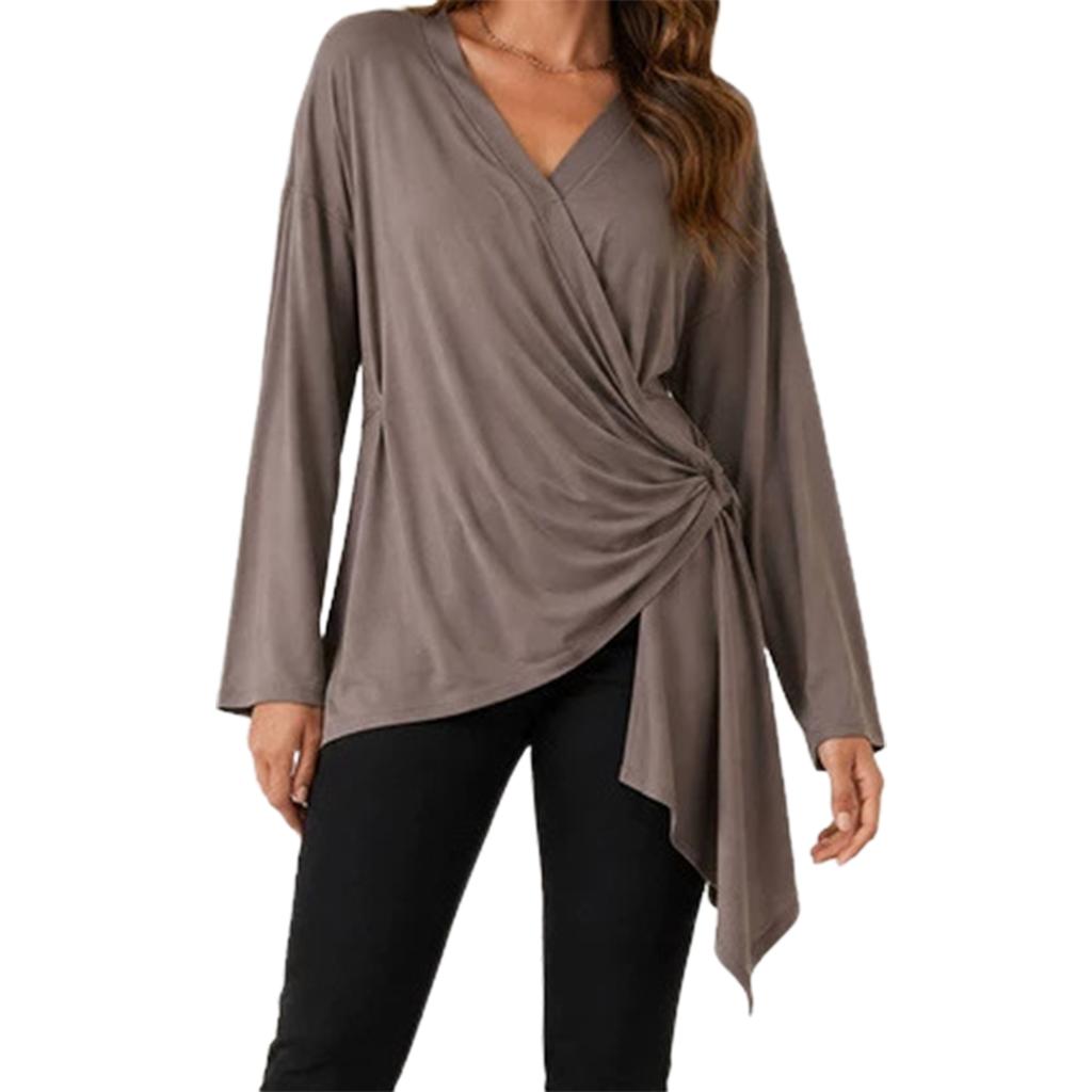 Women's Elegant V Neck Long Sleeve Top Color Casual Blouse for Everyday Wear