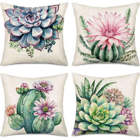 Succulent Cactus Floral Pillow Covers 22 X 22 Inch Set of 4 Tropical Green Plants Flower Summer Decorative Throw Pillow Case Cotton Linen Square