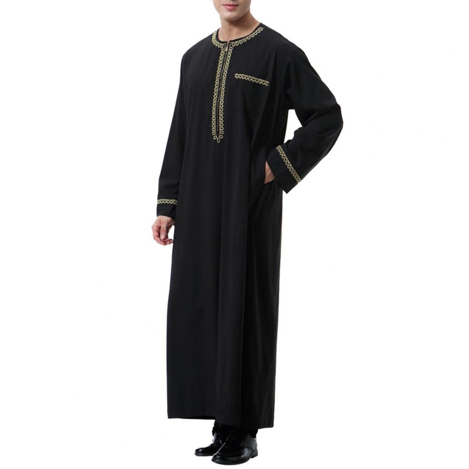 Men s Gold-Trimmed Middle Eastern Robe with Zipper for Muslim Wear XXXL чёрный