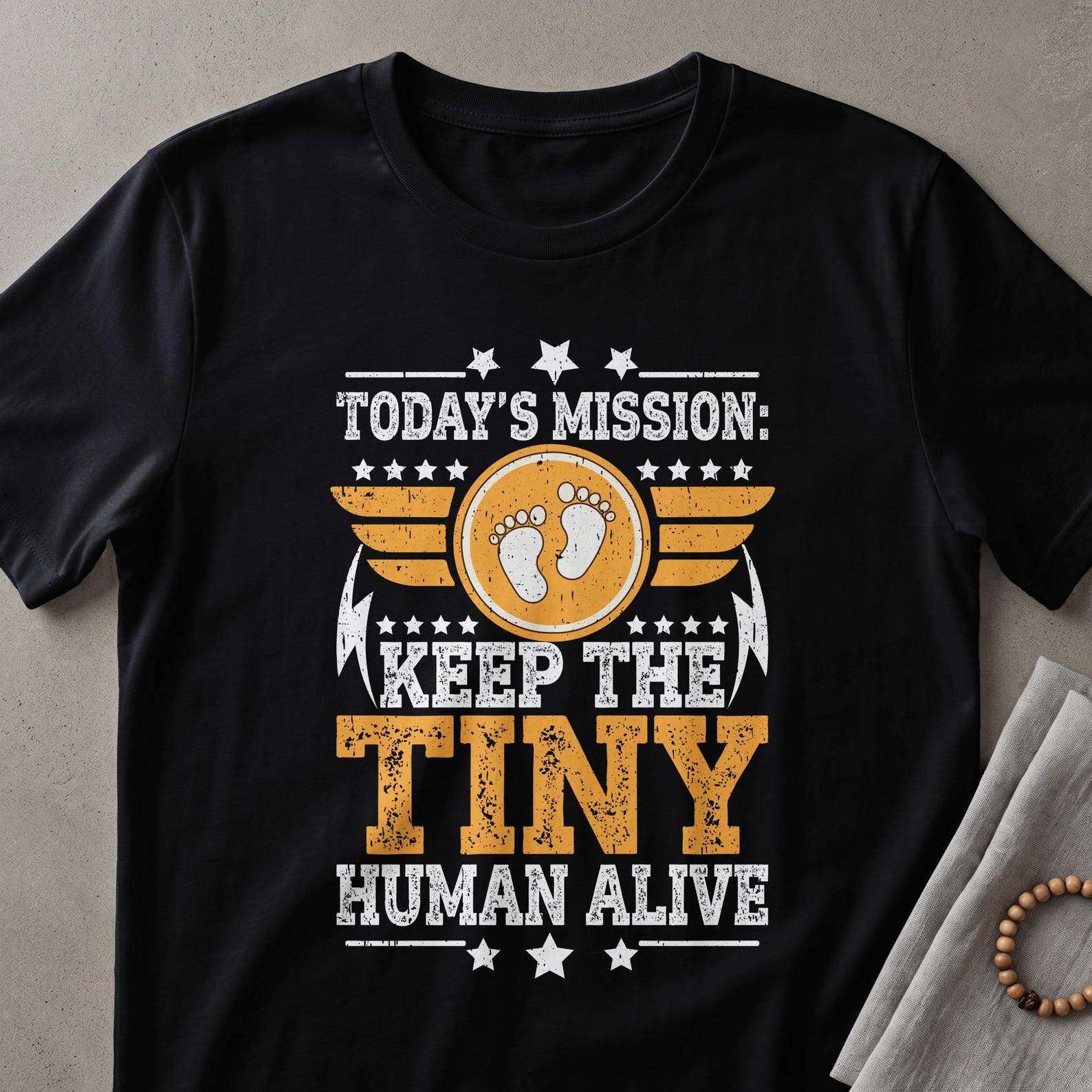 New Parent Mission T-Shirt | Funny Baby Footprint Tee for Mom & Dad | Keep Tiny Human Alive Parent Life Gift | Exhausted New Mom Shirt XL