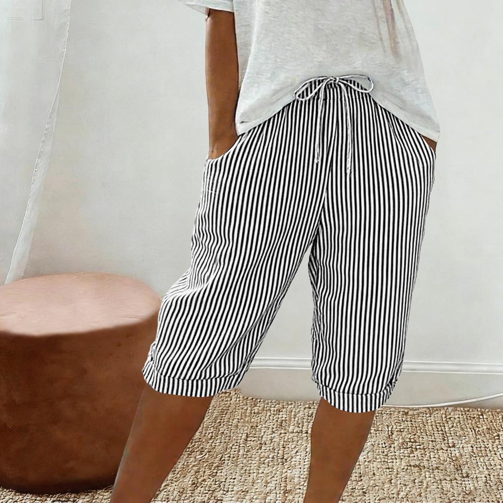 Women's Fashionable Striped Printed Loose Drawstring Cotton Linen Casual Five Quarter Pants