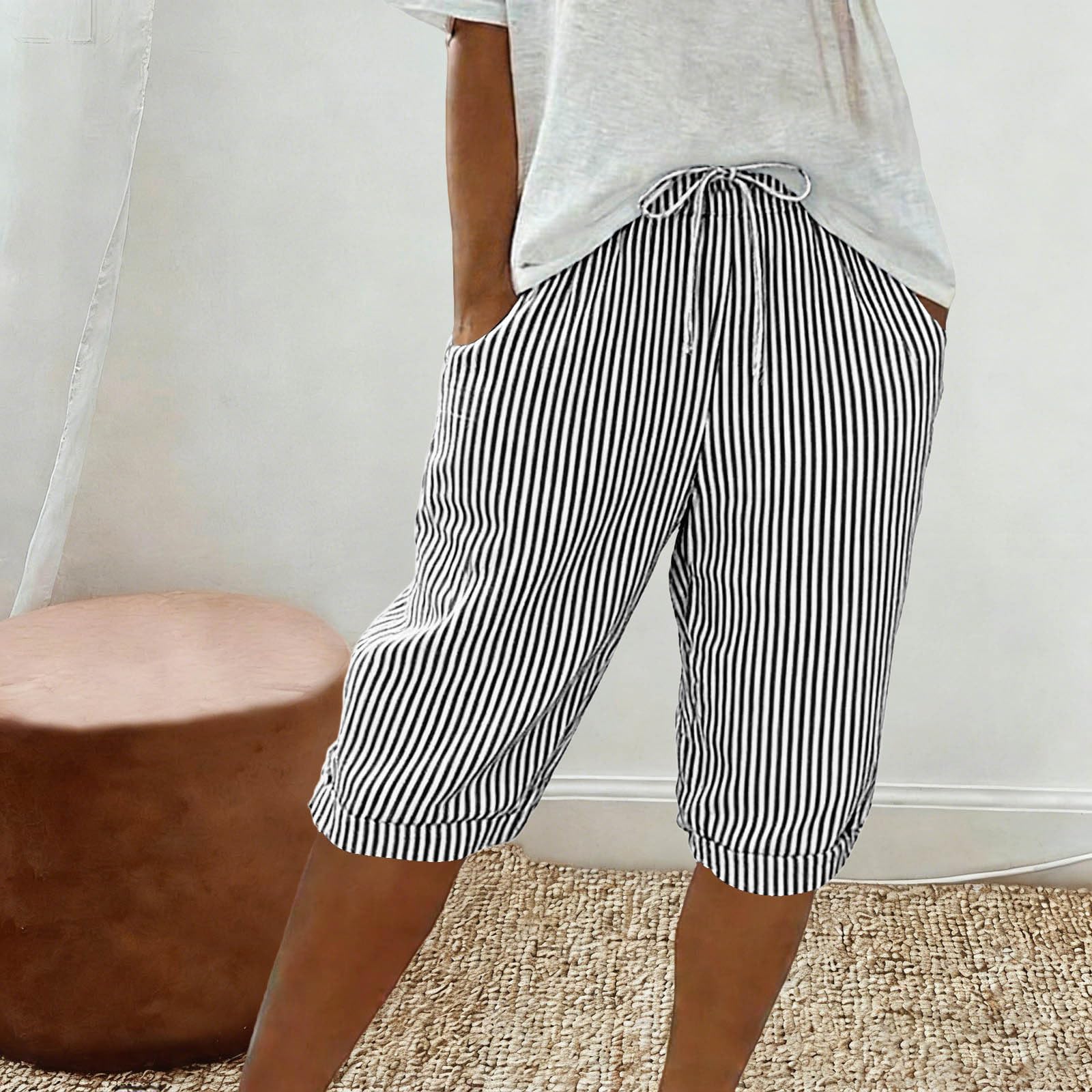 Women s Fashionable Striped Printed Loose Drawstring Cotton Linen Casual Five Quarter Pants L чёрный
