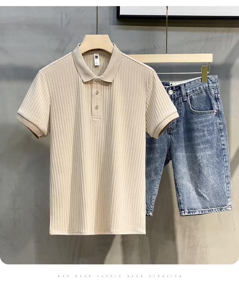 

Японская мужская модная повседневная трикотажная рубашка-поло в полоску - легкая и простая летняя посадка M хаки