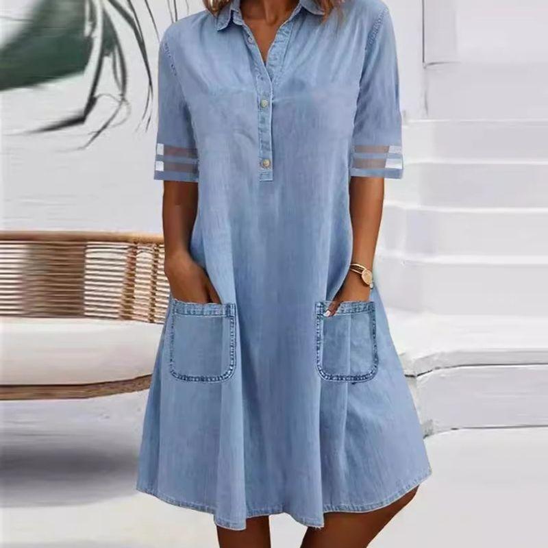 Denim Dress2025 European and American Summer New Women Cuff Mesh Patchwork All-Match Denim Short Sleeve Dress
