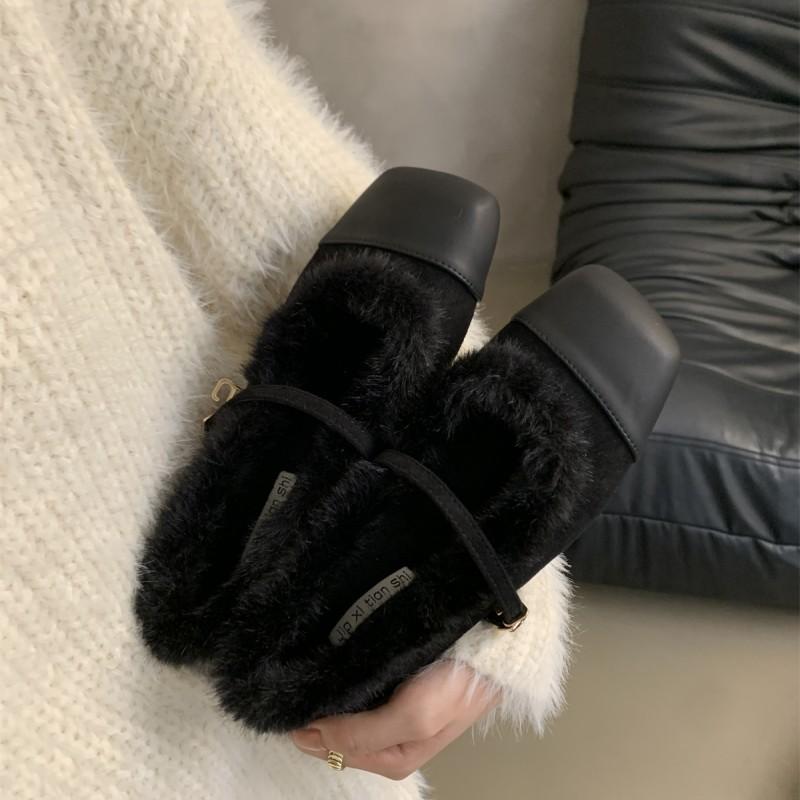 Fashion Fur Shoes Women's 2024 Fall Winter Color-block Chain Insulating Fashion Shallow Single Shoes One-line Buckle Mary Jane Shoes