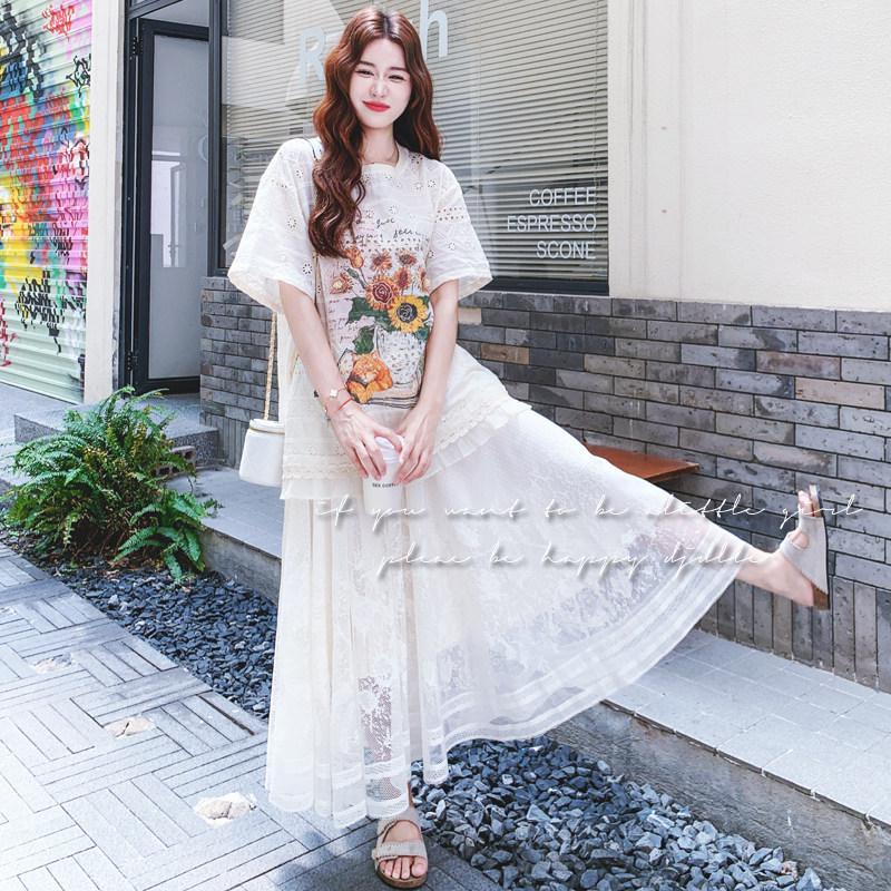 

2025 Korean Style Embroidered Skirt & Lace Top Set for Women Extra Large