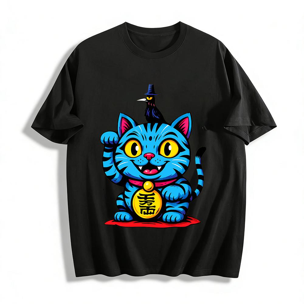Blue Striped Lucky Cat & Crow Print T-shirt Niche Cool Chinese Style Casual Crewneck Top Pure cotton T-shirt XXS