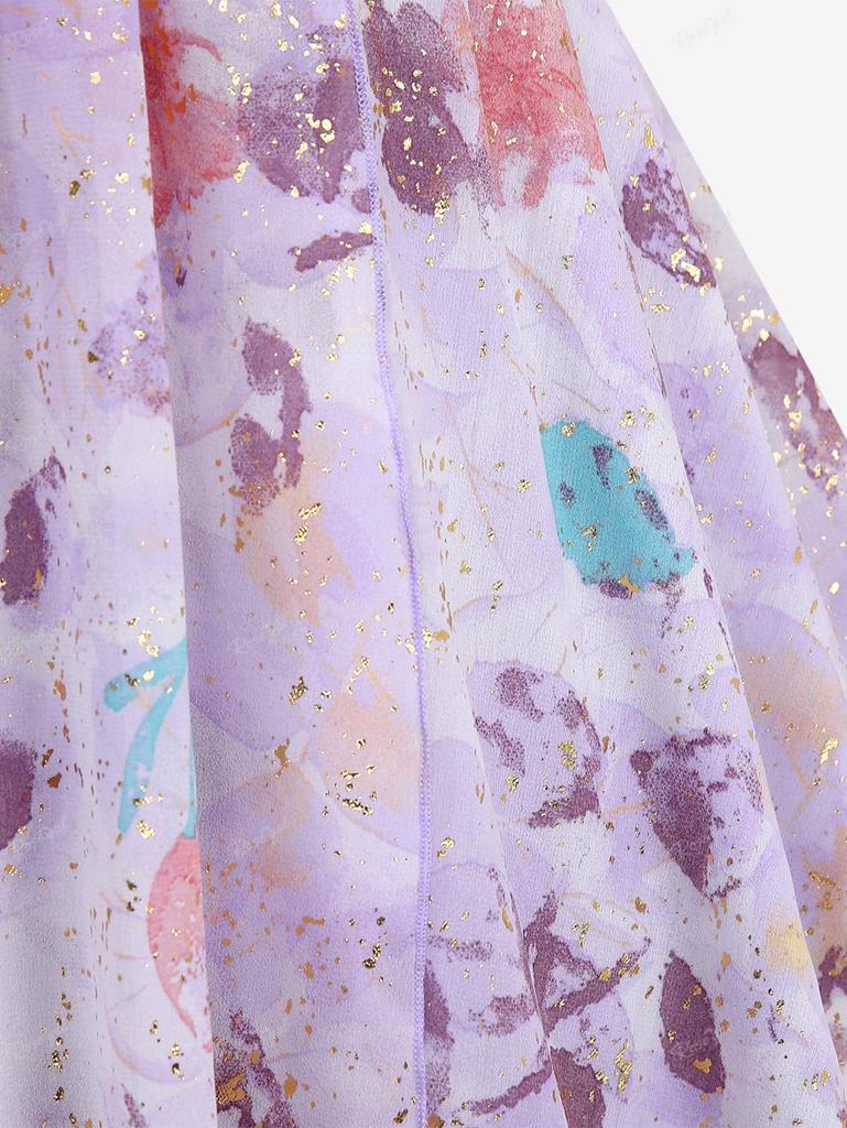 Rosegal Plus Size Floral Print Hot Stamping Chain Panel Ruched Twist Surplice Ruffles 2 In 1 Blouse